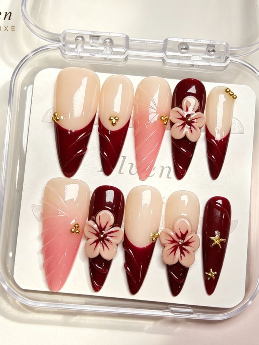 Nude & Burgundy French Tip Stiletto Press On Nails with Flowers & Gold Accents